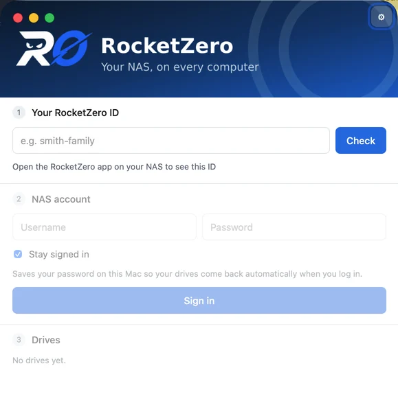 RocketZero app on macOS to map a NAS network drive on Mac: RocketZero ID, NAS account sign-in and Stay signed in option