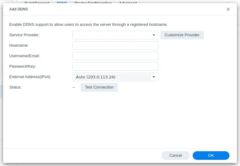 Synology DSM 7 Add DDNS dialog in Control Panel External Access, with Service Provider, Hostname and External Address fields