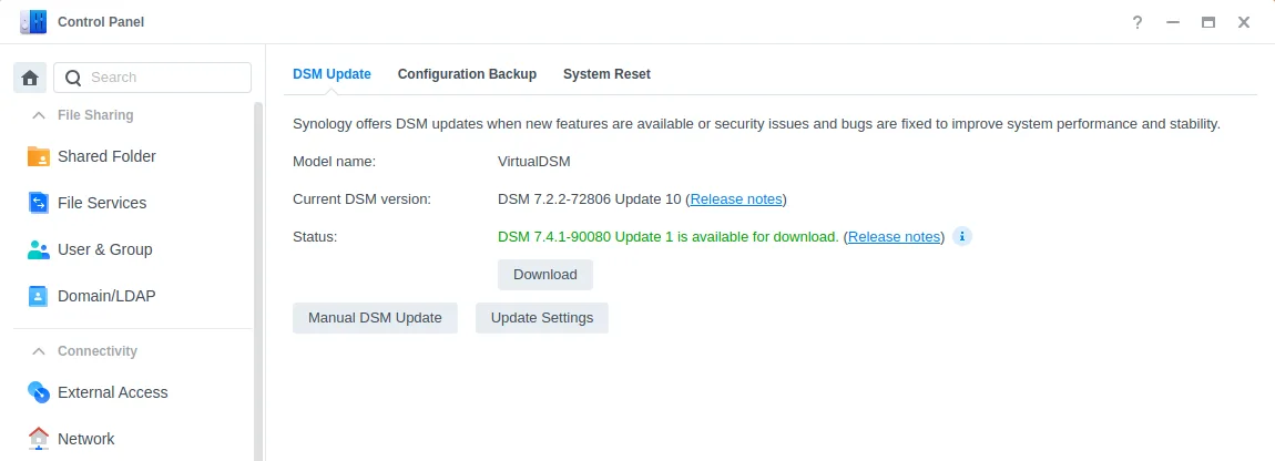 Synology DSM Control Panel Update and Restore showing current DSM version 7.2.2-72806 Update 10 and an offer to download DSM 7.4.1