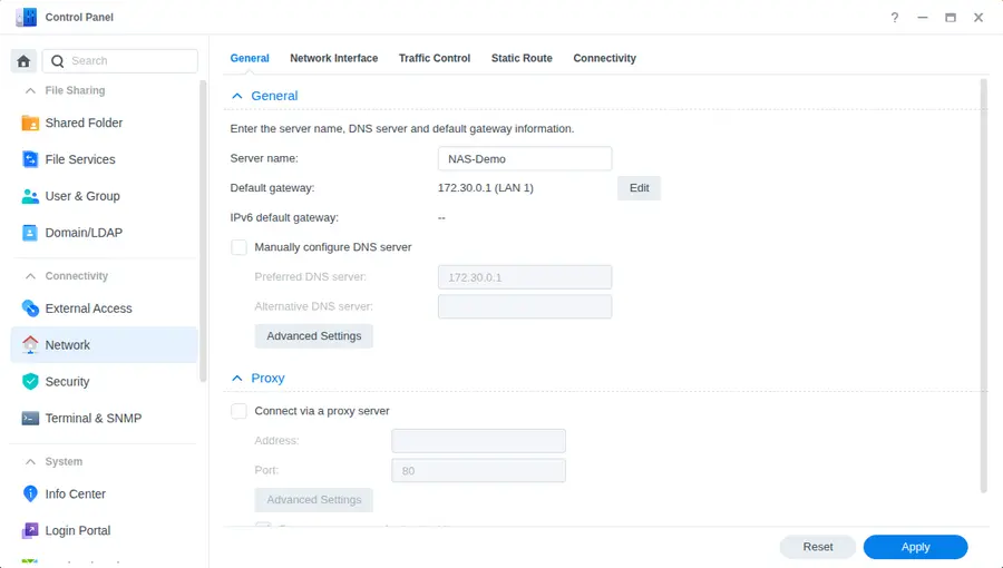 Synology DSM Control Panel Network General tab showing default gateway and the Manually configure DNS server option