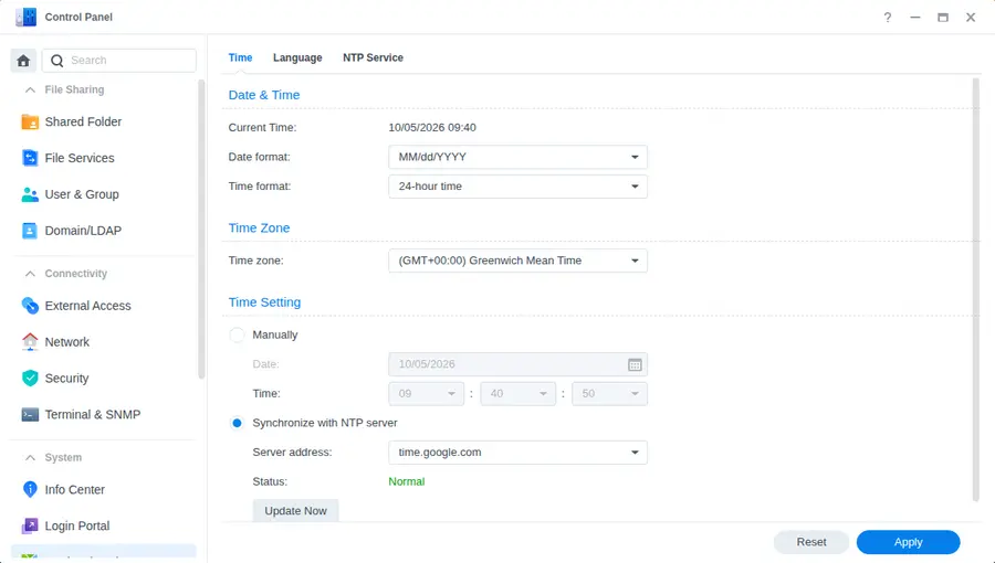 Synology DSM Regional Options Time tab set to Synchronize with NTP server, status Normal — a common fix when QuickConnect is not working