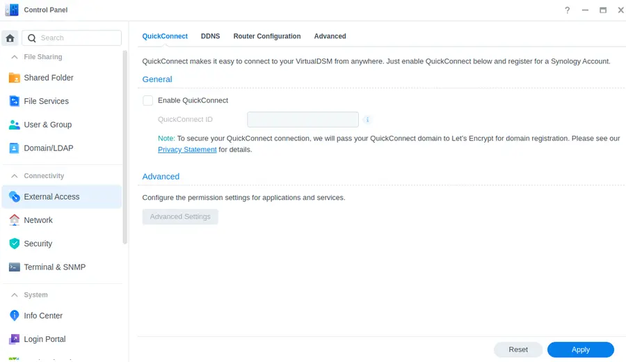 Synology DSM Control Panel showing the QuickConnect settings page with the Enable QuickConnect toggle and QuickConnect ID field