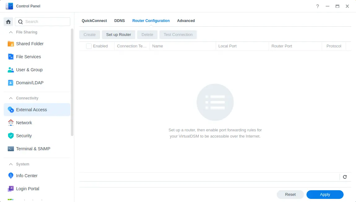 Synology DSM Control Panel External Access Router Configuration tab for port forwarding rules, which cannot work behind CGNAT