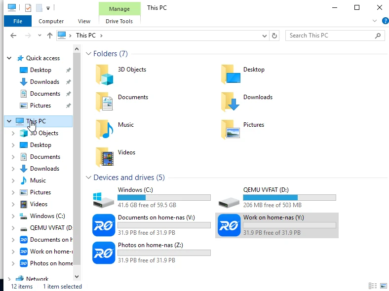 Windows This PC showing a Synology NAS mounted as network drives after replacing QuickConnect with RocketZero